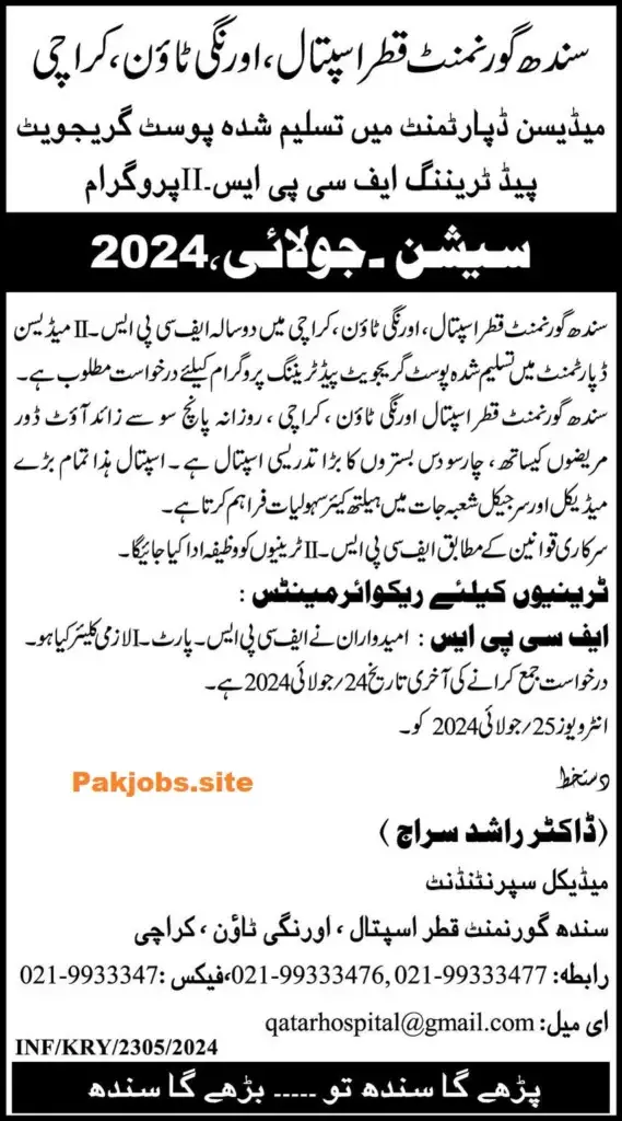 Sindh Government Qatar Hospital Jobs in Karachi 2024