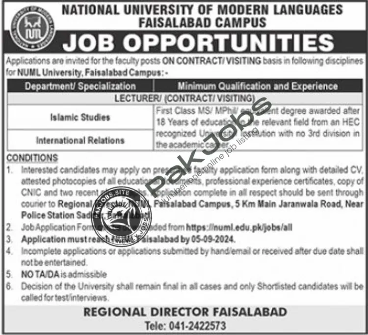 Fresh National University of Modern Languages NUML Jobs 2024