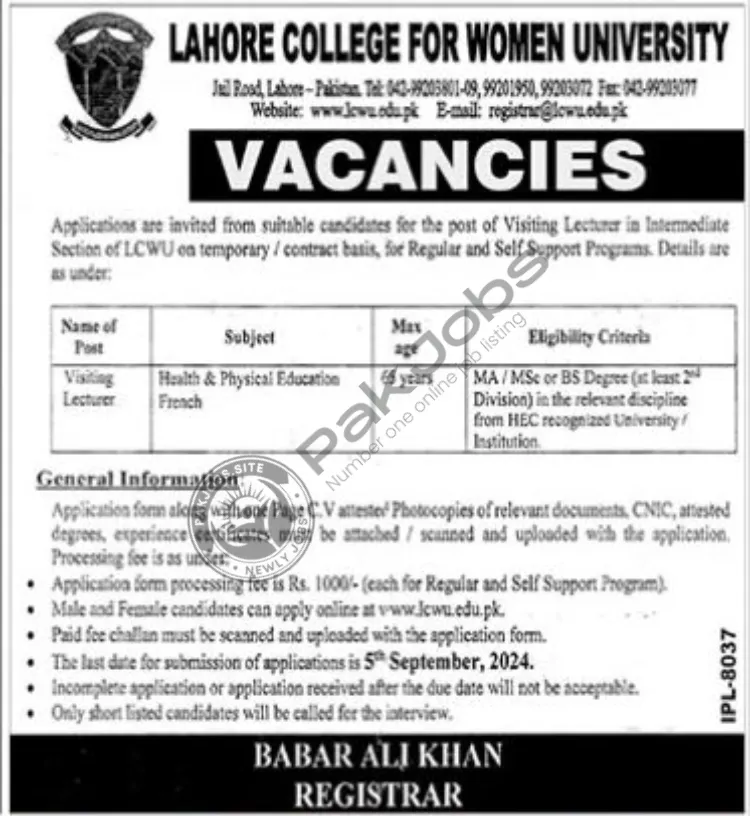 Lahore College For Women University Jobs 2024 Advertisement