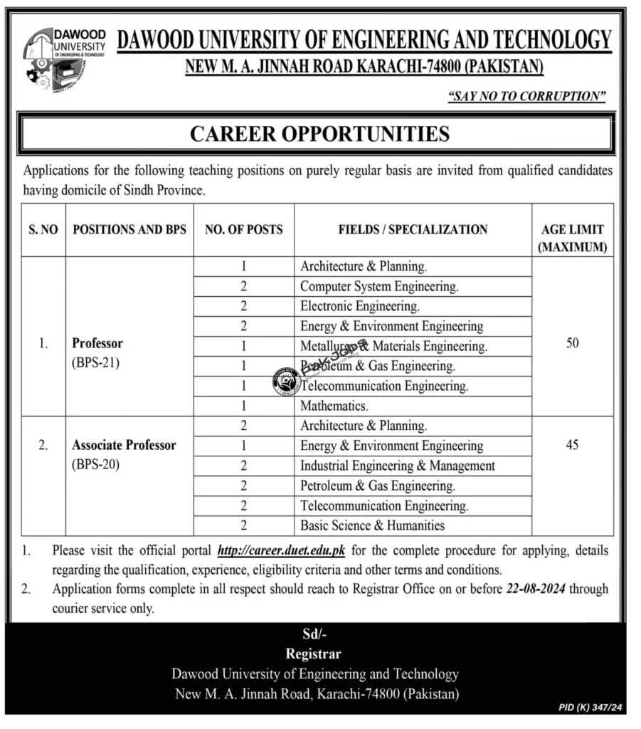 Latest Dawood University of Engineering & Technology Jobs