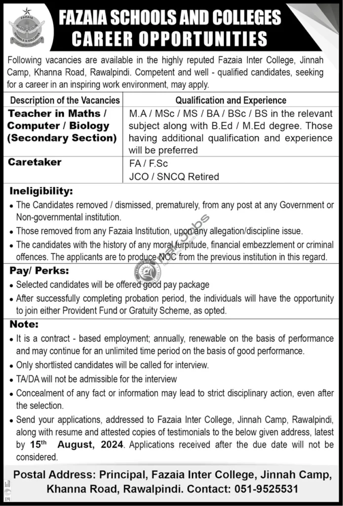 Latest Fazaia Schools and Colleges Rawalpindi Jobs 2024