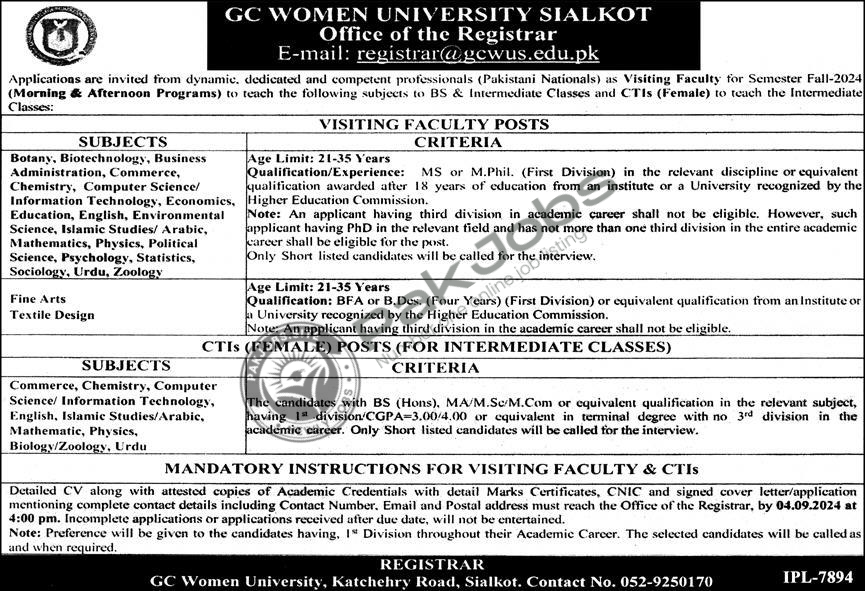 Latest GC Women University Sialkot Jobs 2024 Online Apply