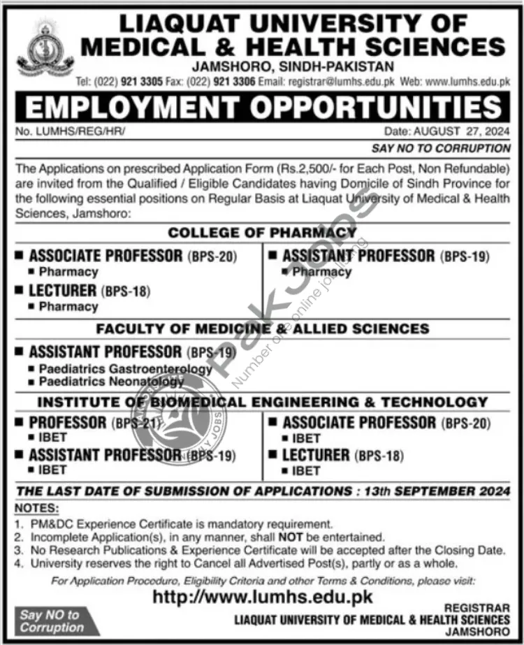 Liaquat University of Medical and Health Sciences Jobs 2024