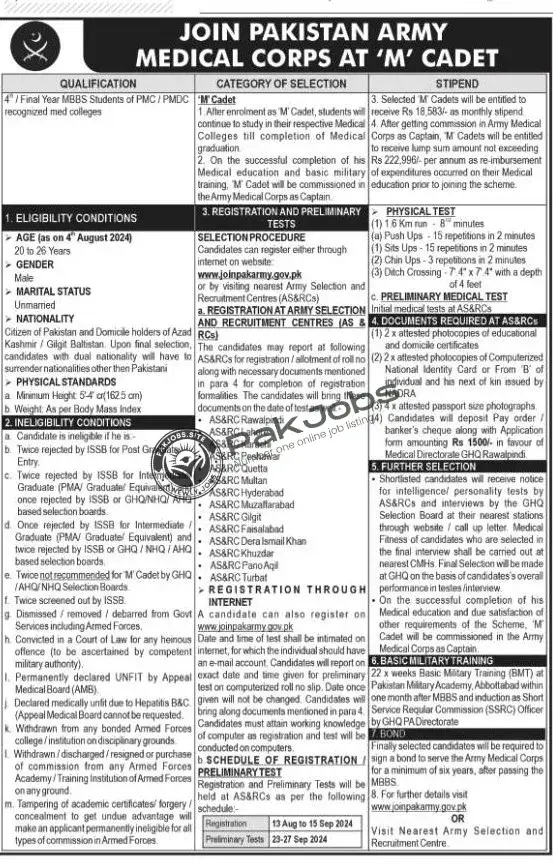 Medical Cadet at Pakistan Army Jobs 2024 Online Apply