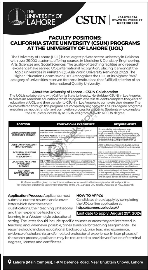 New The University of Lahore Teaching Jobs 2024 Online Apply