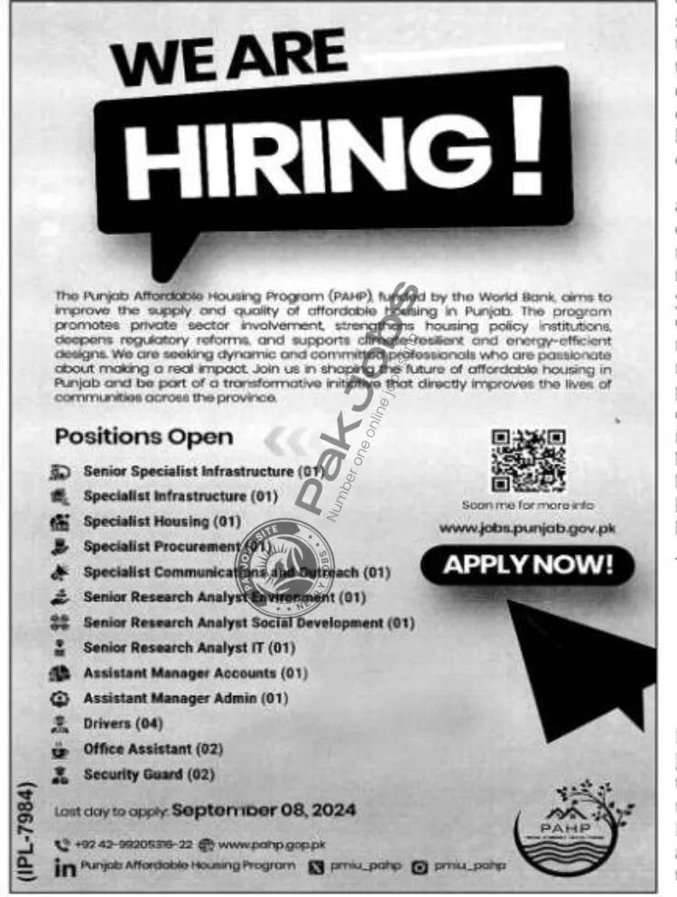 Punjab Affordable Housing Program PAHP Jobs 2024 Lahore