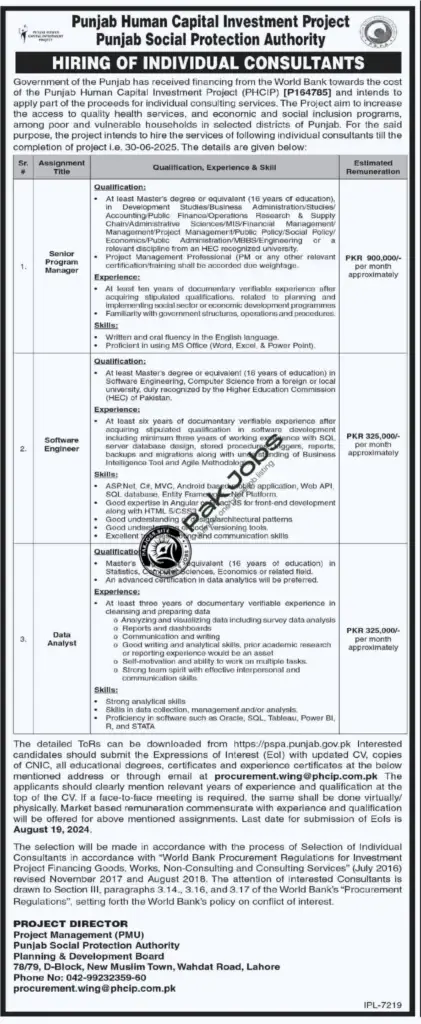 Latest Punjab Social Protection Authority PSPA Lahore Jobs Online Apply