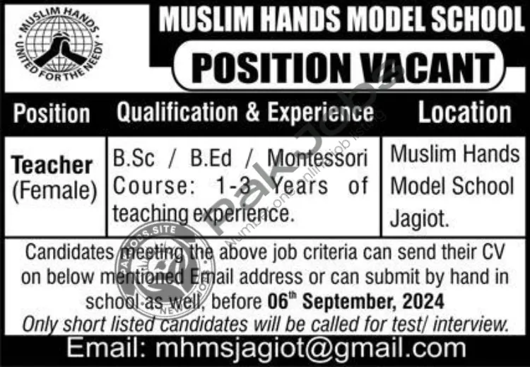 Muslim Hands Model School Jobs 2024 Online Apply