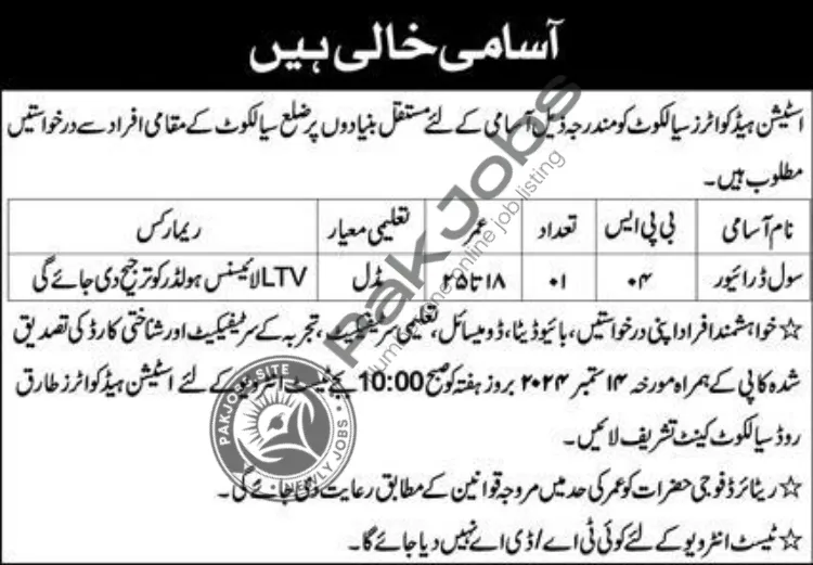 Station Headquarters Jobs in Sialkot Pakistan