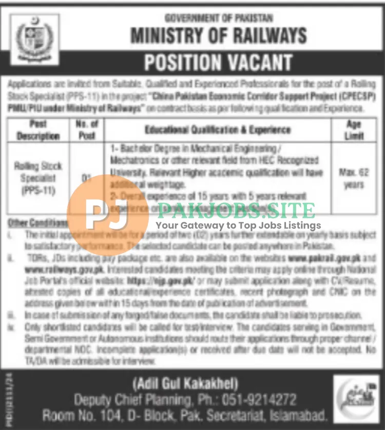 Latest Ministry of Railways Islamabad Jobs 2024