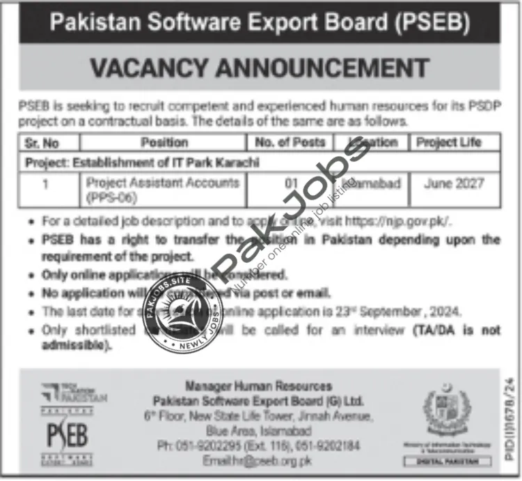 Pakistan Software Export Board PSEB Jobs 2024 Advertisement