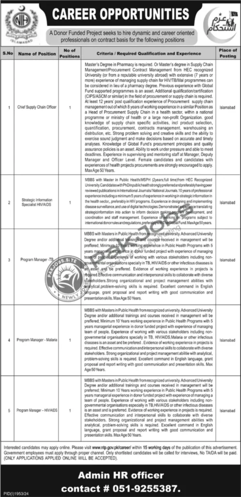 National TB Control Program NTP Jobs 2024 Online Application