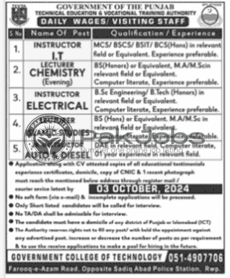 Government College of Technology Rawalpindi Jobs 2024