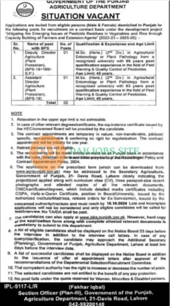 Agriculture Department Punjab Jobs 2024 Online apply