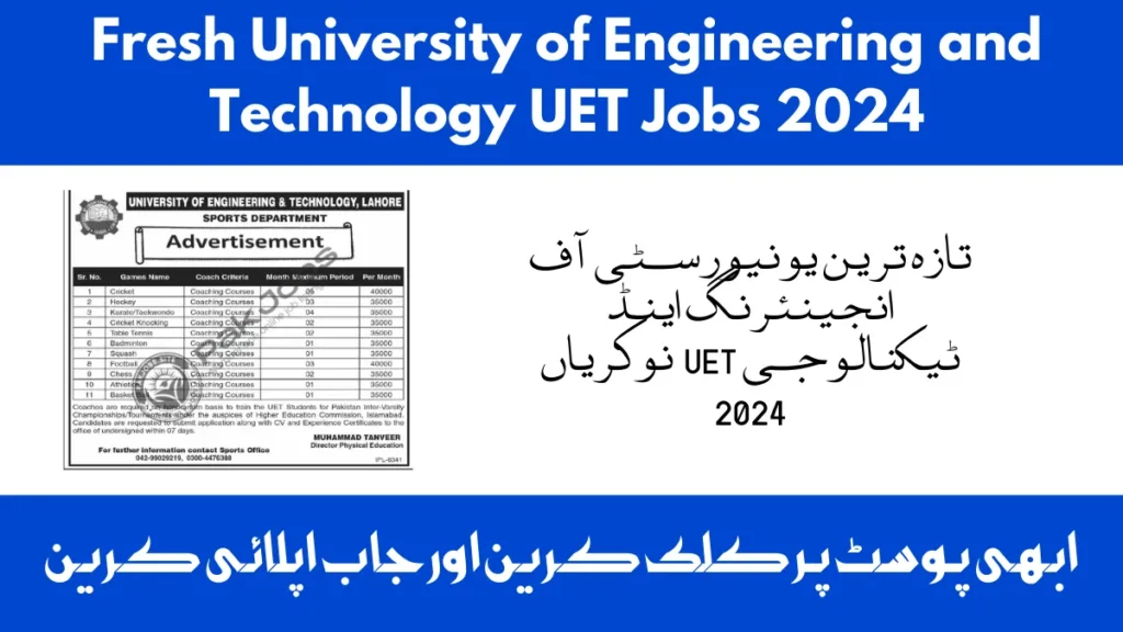 Fresh University of Engineering and Technology UET Jobs 2024