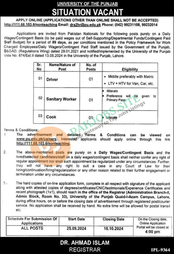 University Of The Punjab PU Jobs Online Application 2024